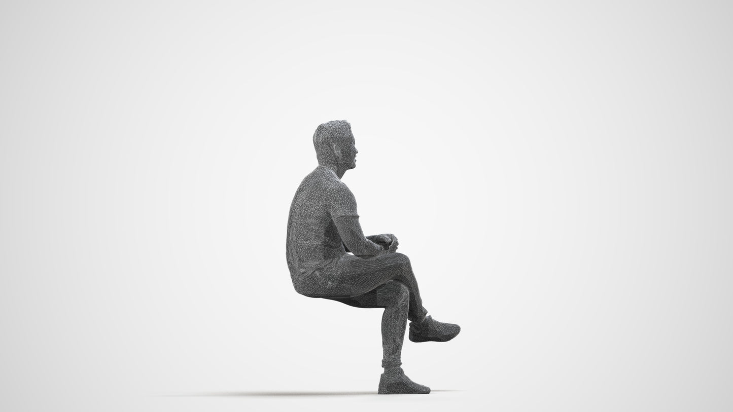 realistic 3D people man casual sitting, render-ready for V-Ray and Corona, FBX OBJ, wireframe side view