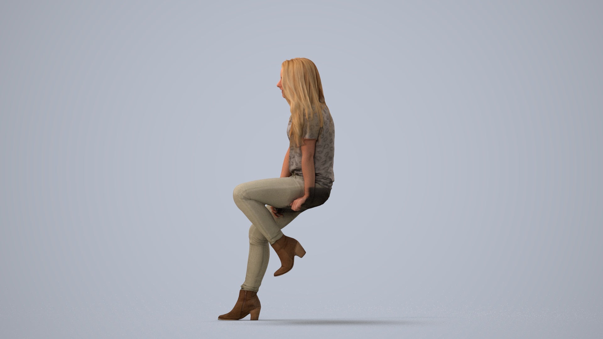 realistic 3D woman casual sitting, scanned archviz people for Blender and 3ds Max, three-quarter view render