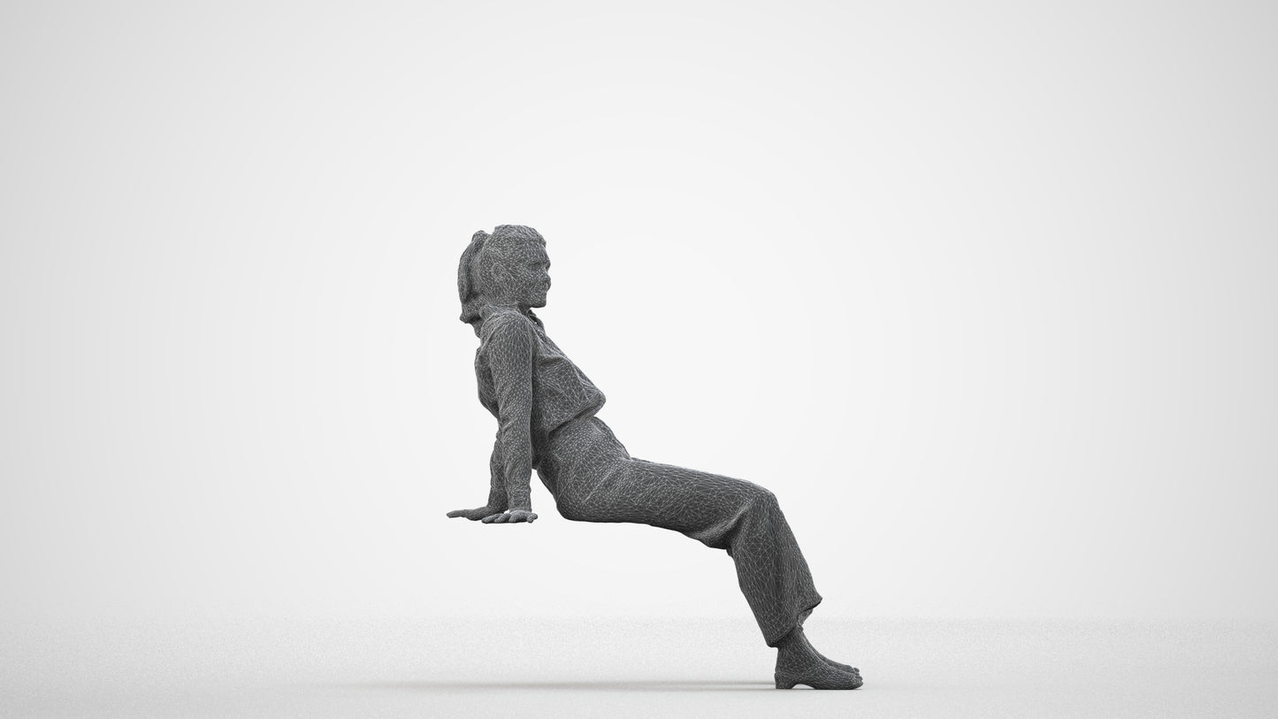 3D scanned woman sitting casual, photorealistic archviz people for Enscape and SketchUp, wireframe side view