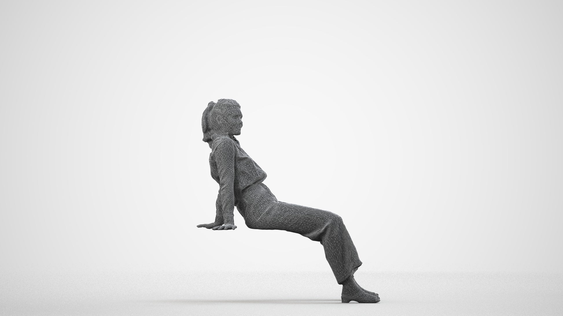 3D scanned woman sitting casual, photorealistic archviz people for Enscape and SketchUp, wireframe side view