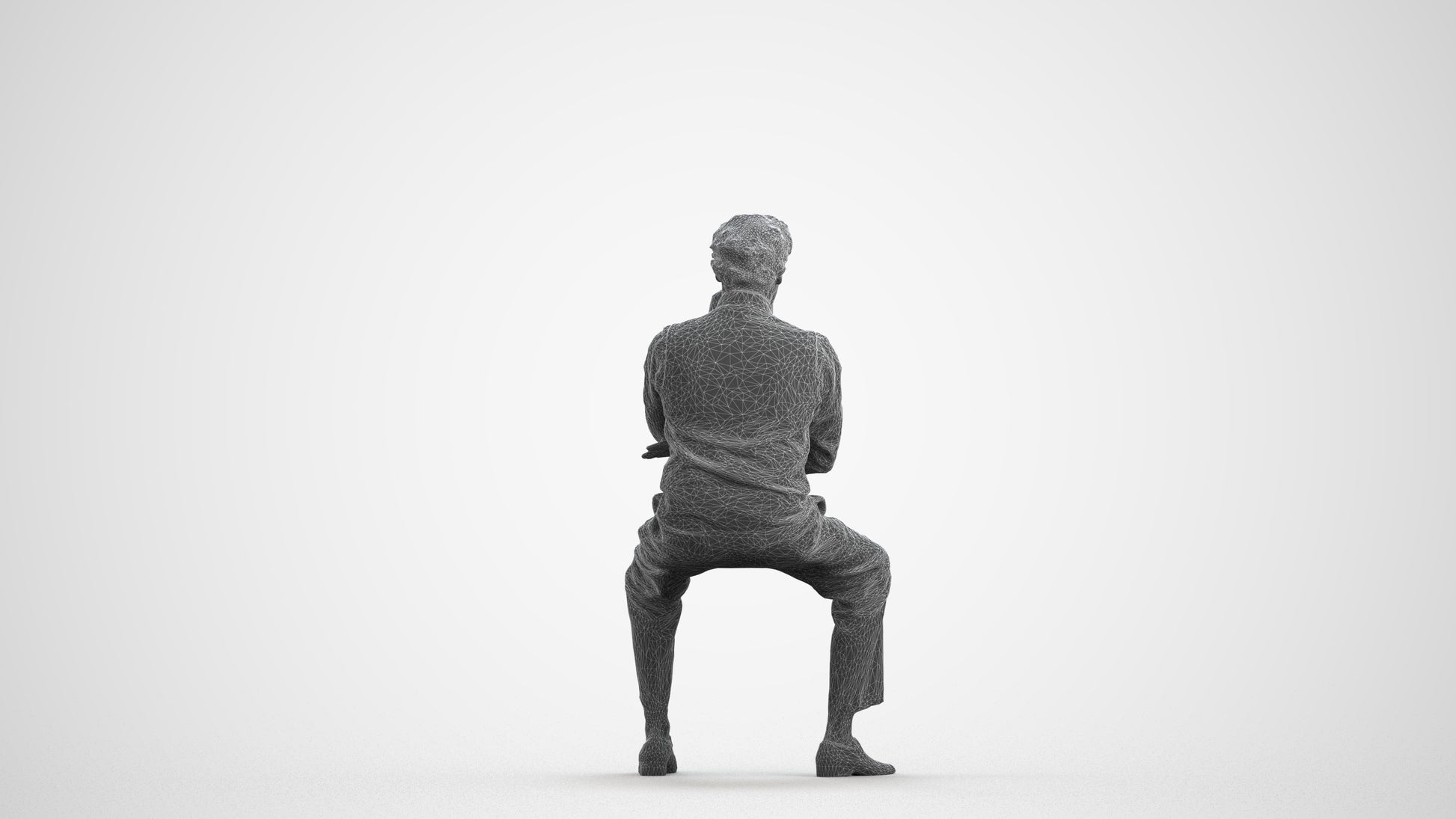 realistic 3D man business sitting, scanned archviz people for Blender and 3ds Max, wireframe front view