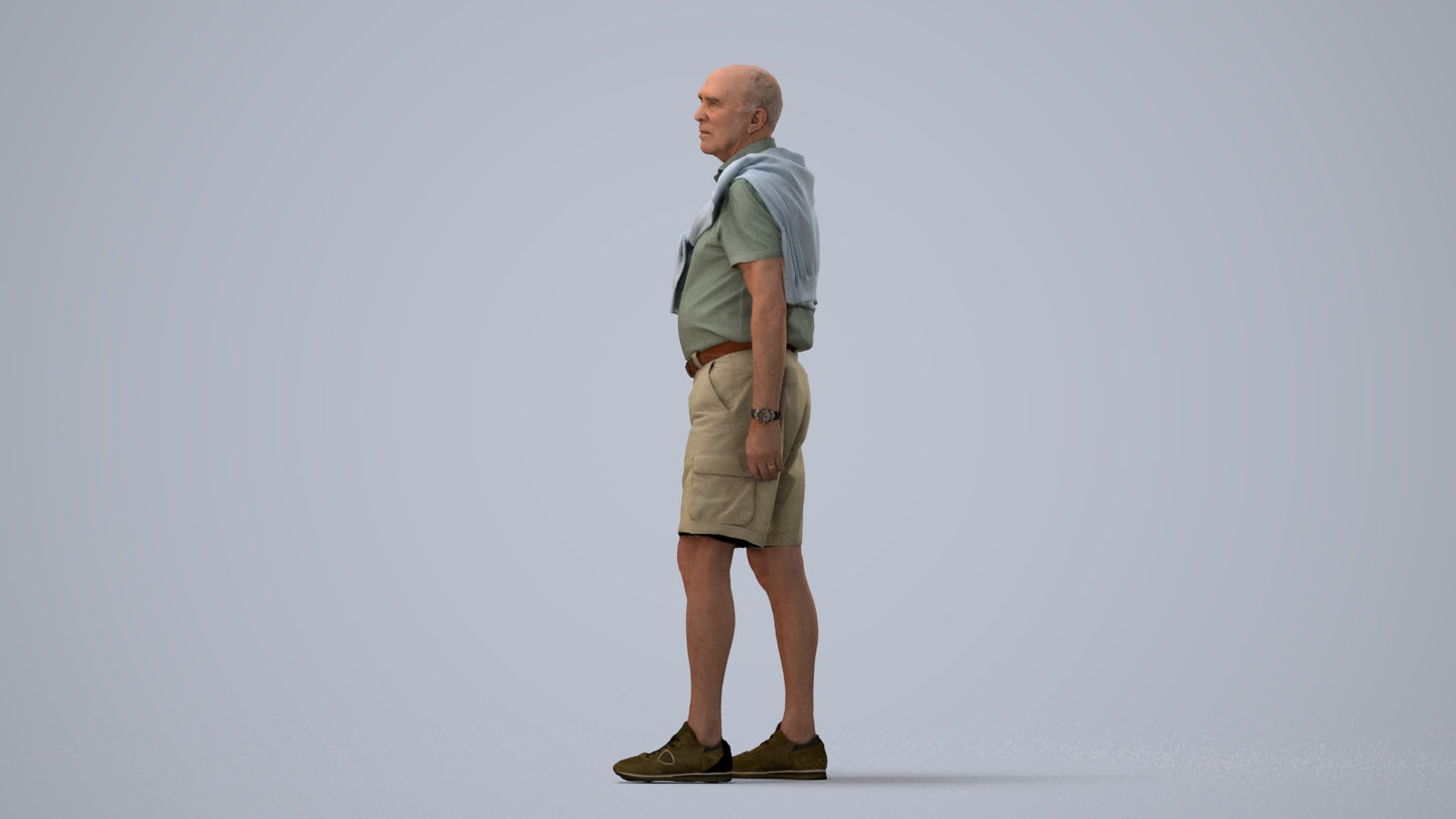 3D scanned senior man standing casual, photorealistic archviz people for Enscape and SketchUp, three-quarter view render