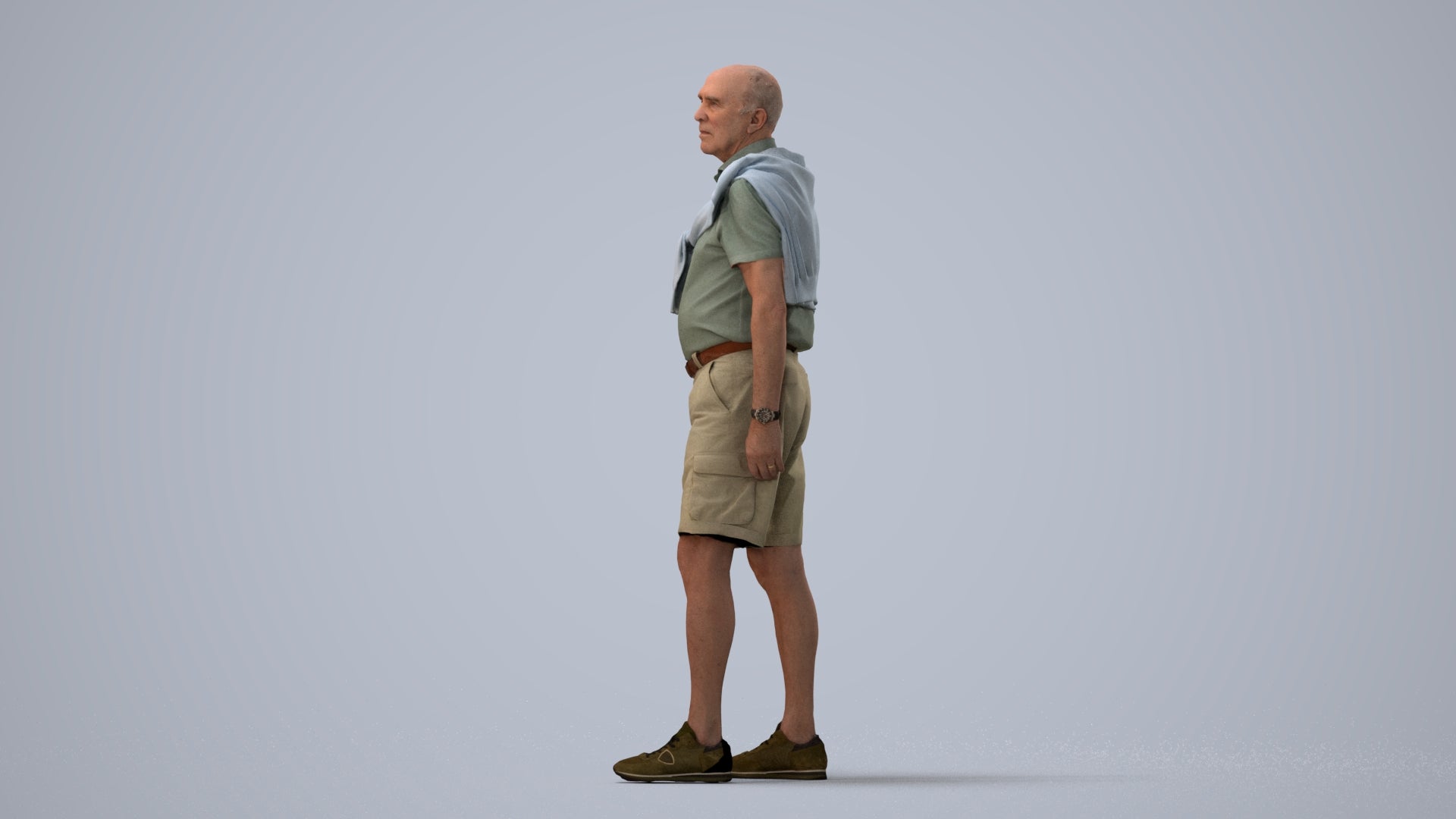 3D scanned senior man standing casual, photorealistic archviz people for Enscape and SketchUp, three-quarter view render