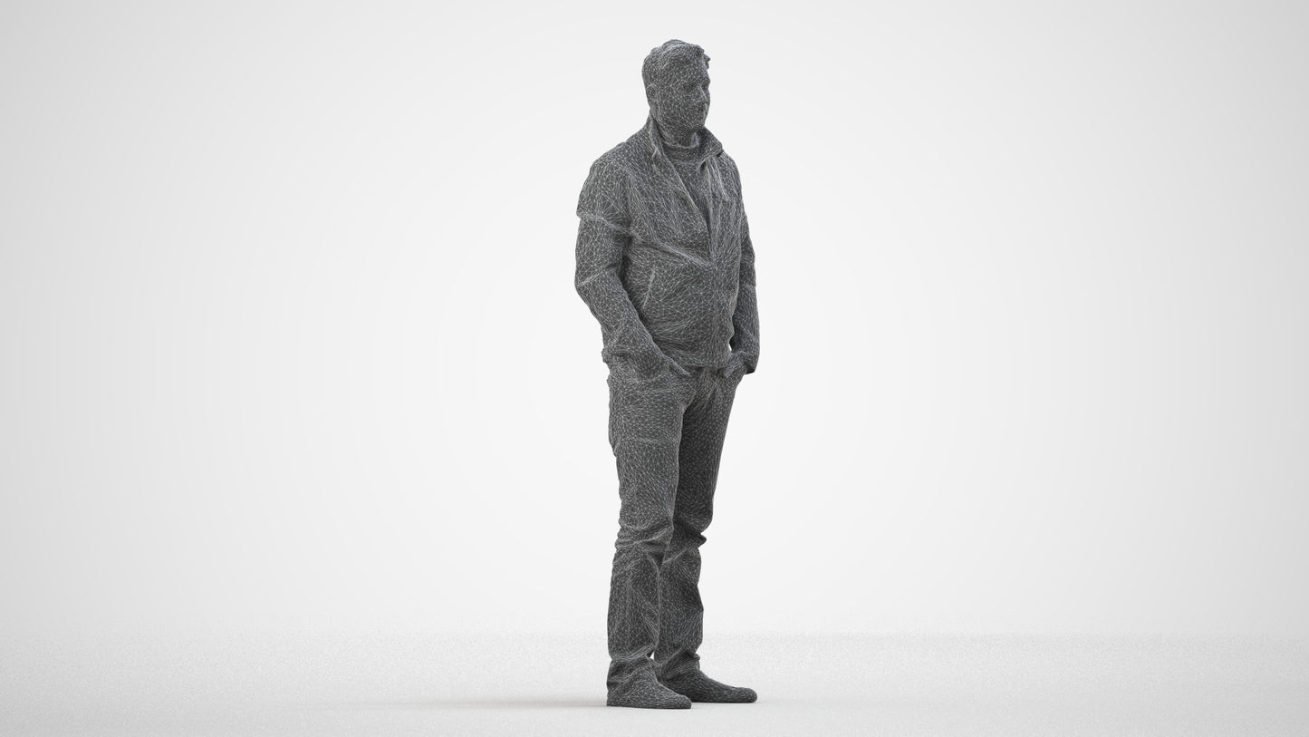 3D people model man casual standing, scanned human for 3ds Max rendering, wireframe side view
