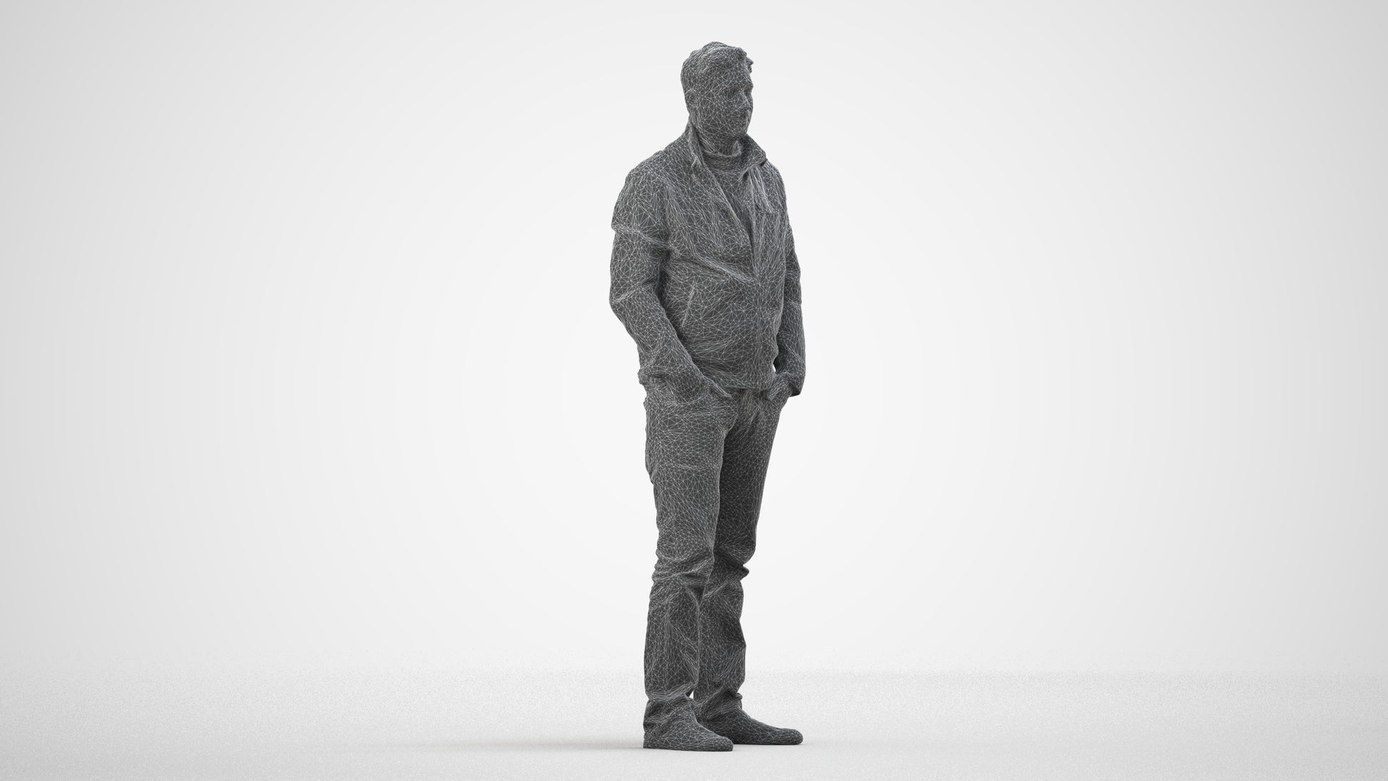 3D people model man casual standing, scanned human for 3ds Max rendering, wireframe side view