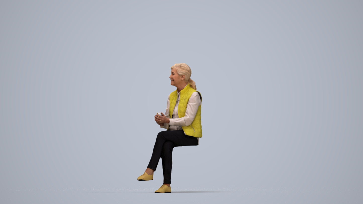 realistic 3D people senior woman casual sitting, render-ready for V-Ray and Corona, FBX OBJ, top-down view render