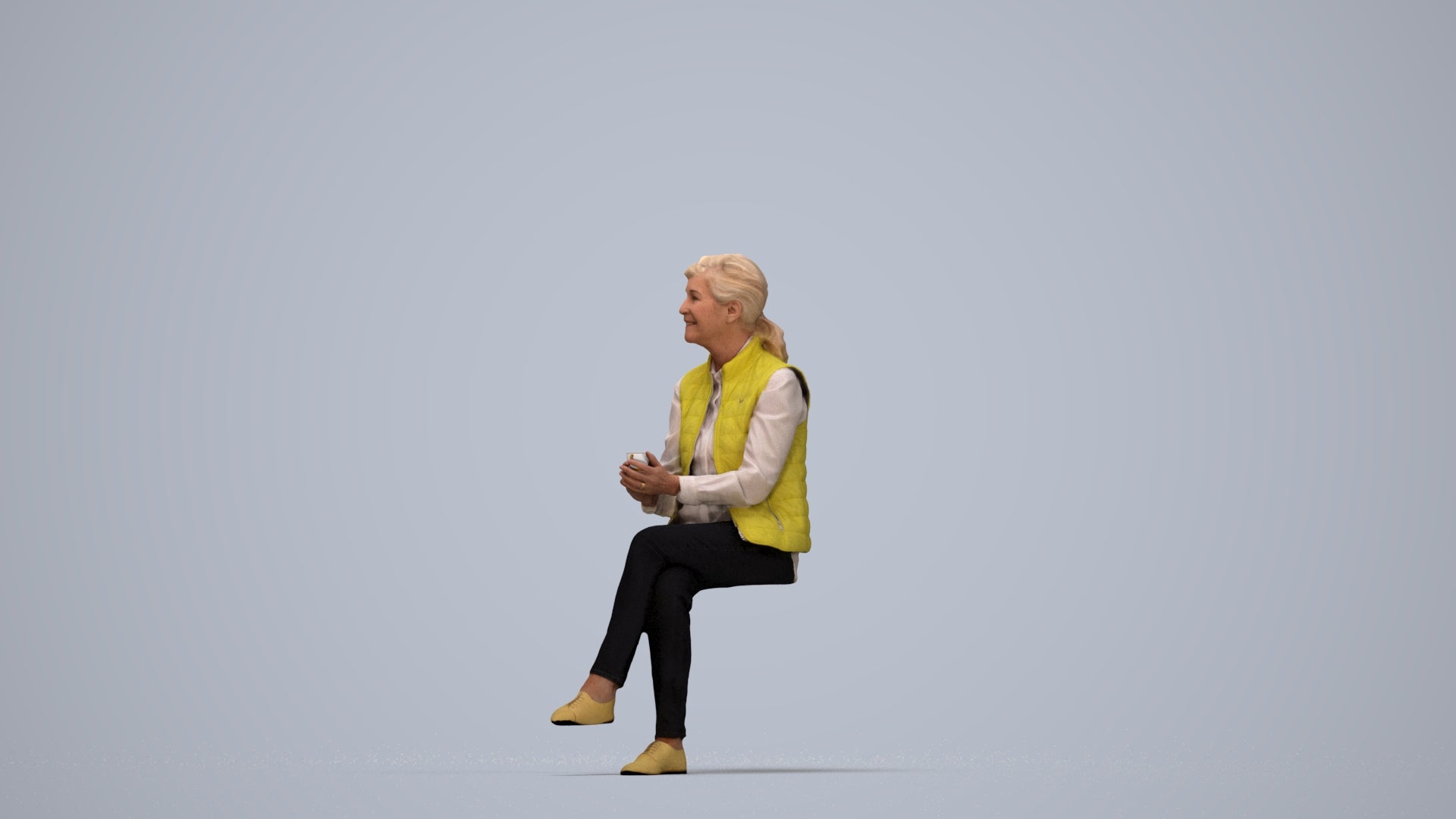 realistic 3D people senior woman casual sitting, render-ready for V-Ray and Corona, FBX OBJ, top-down view render