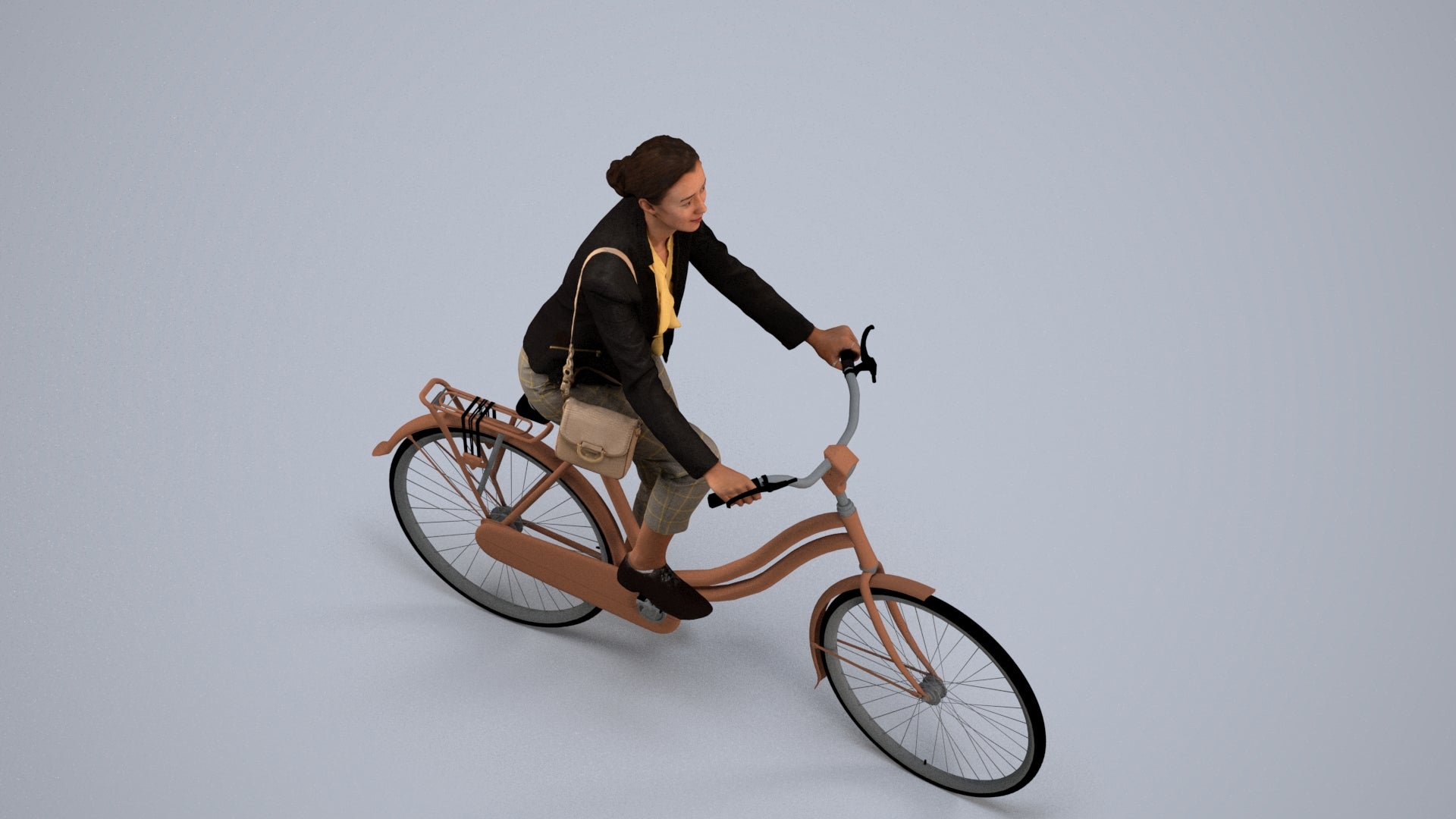 realistic 3D woman business cycling, scanned archviz people for Blender and 3ds Max, back view render