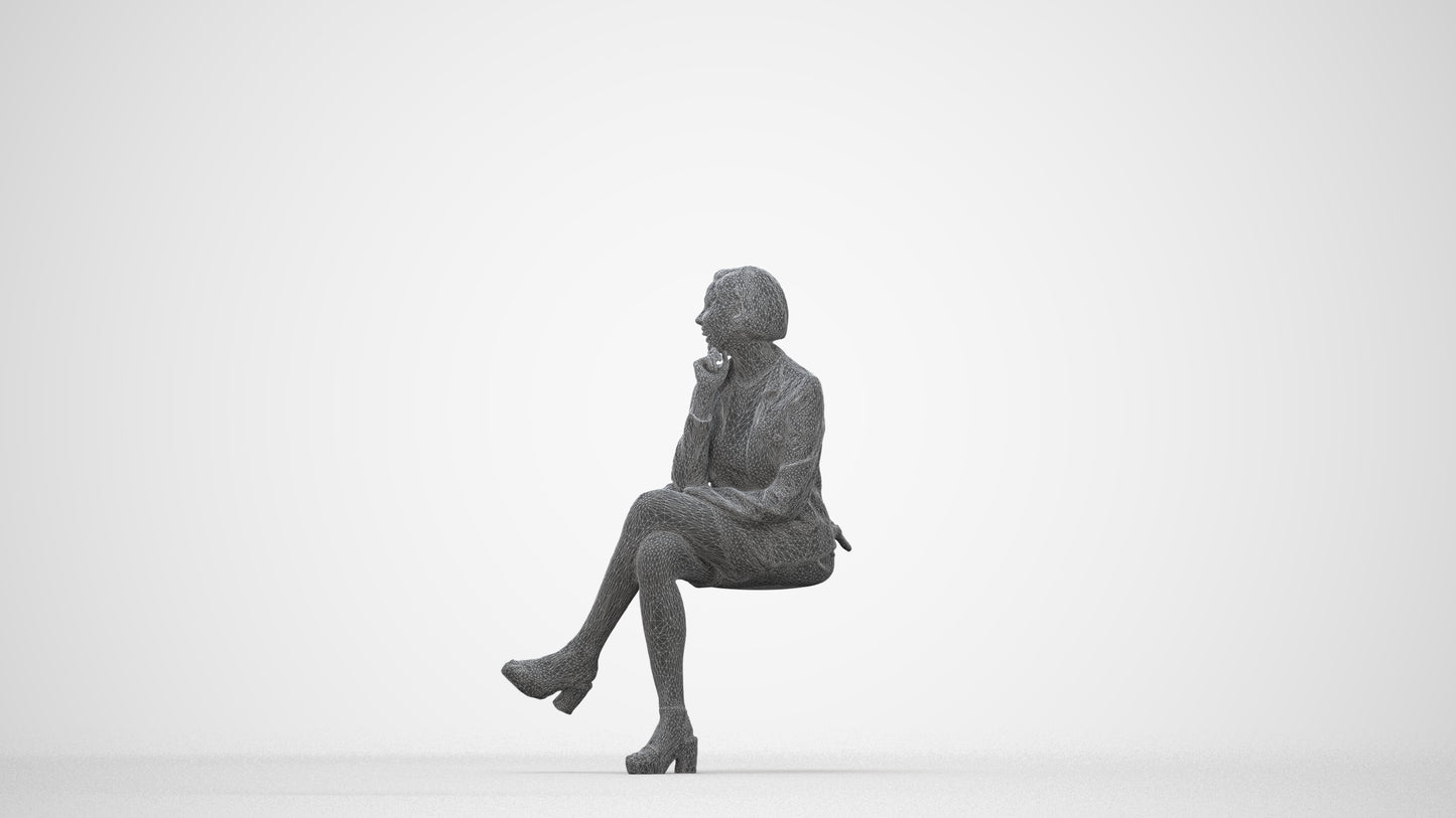 3D scanned woman sitting casual, photorealistic archviz people for Enscape and SketchUp, wireframe back view