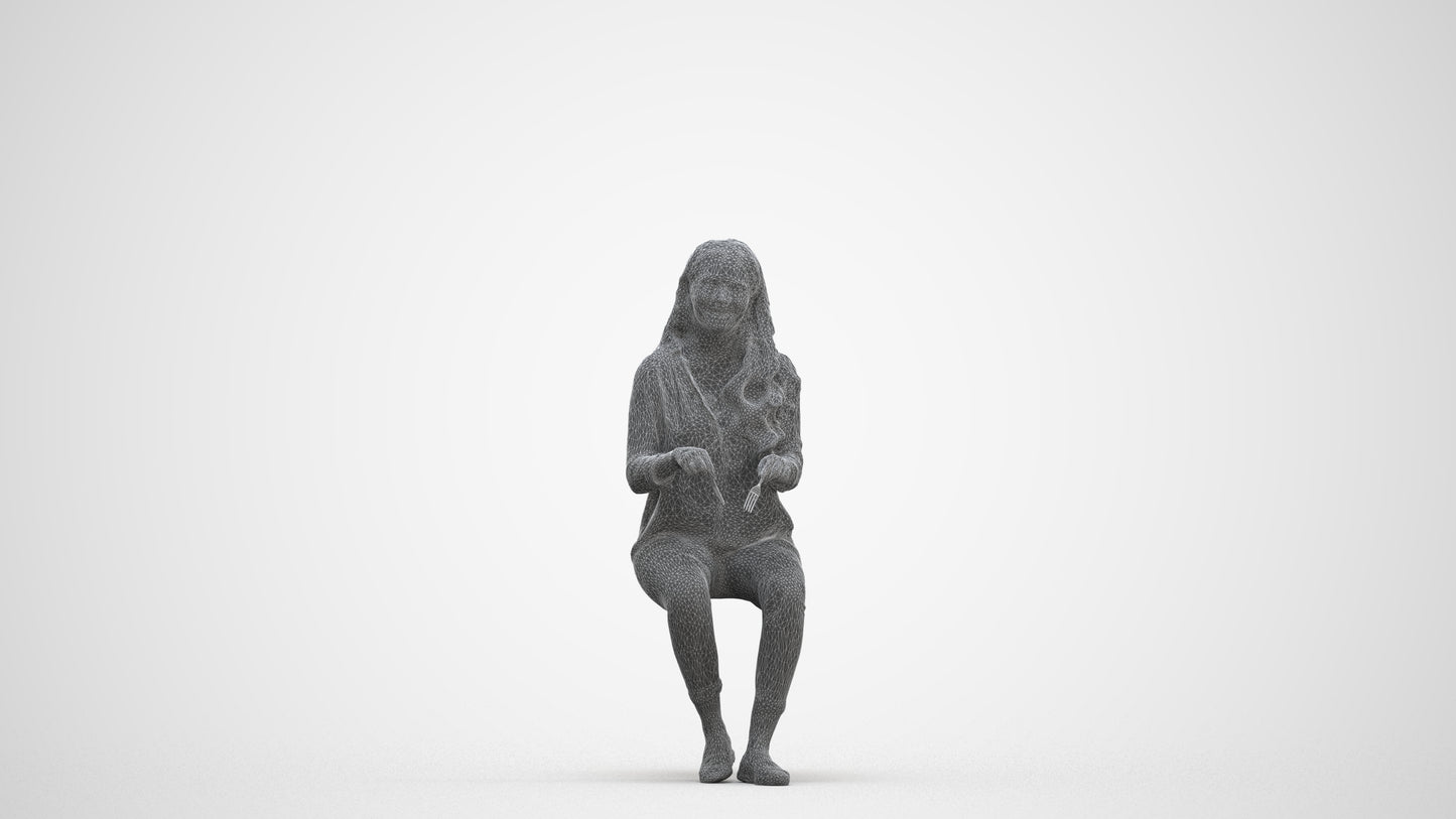 scanned 3D woman casual sitting, photogrammetry people for Enscape and V-Ray, three-quarter front view render
