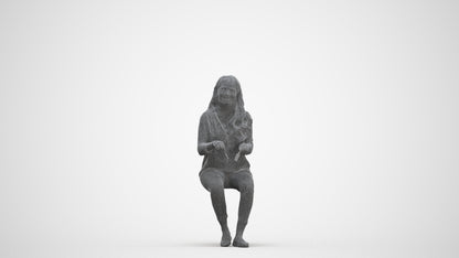 scanned 3D woman casual sitting, photogrammetry people for Enscape and V-Ray, three-quarter front view render