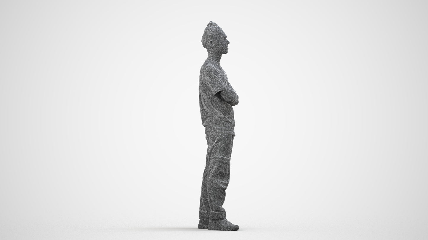 realistic 3D man casual standing, scanned archviz people for Blender and 3ds Max, wireframe side view