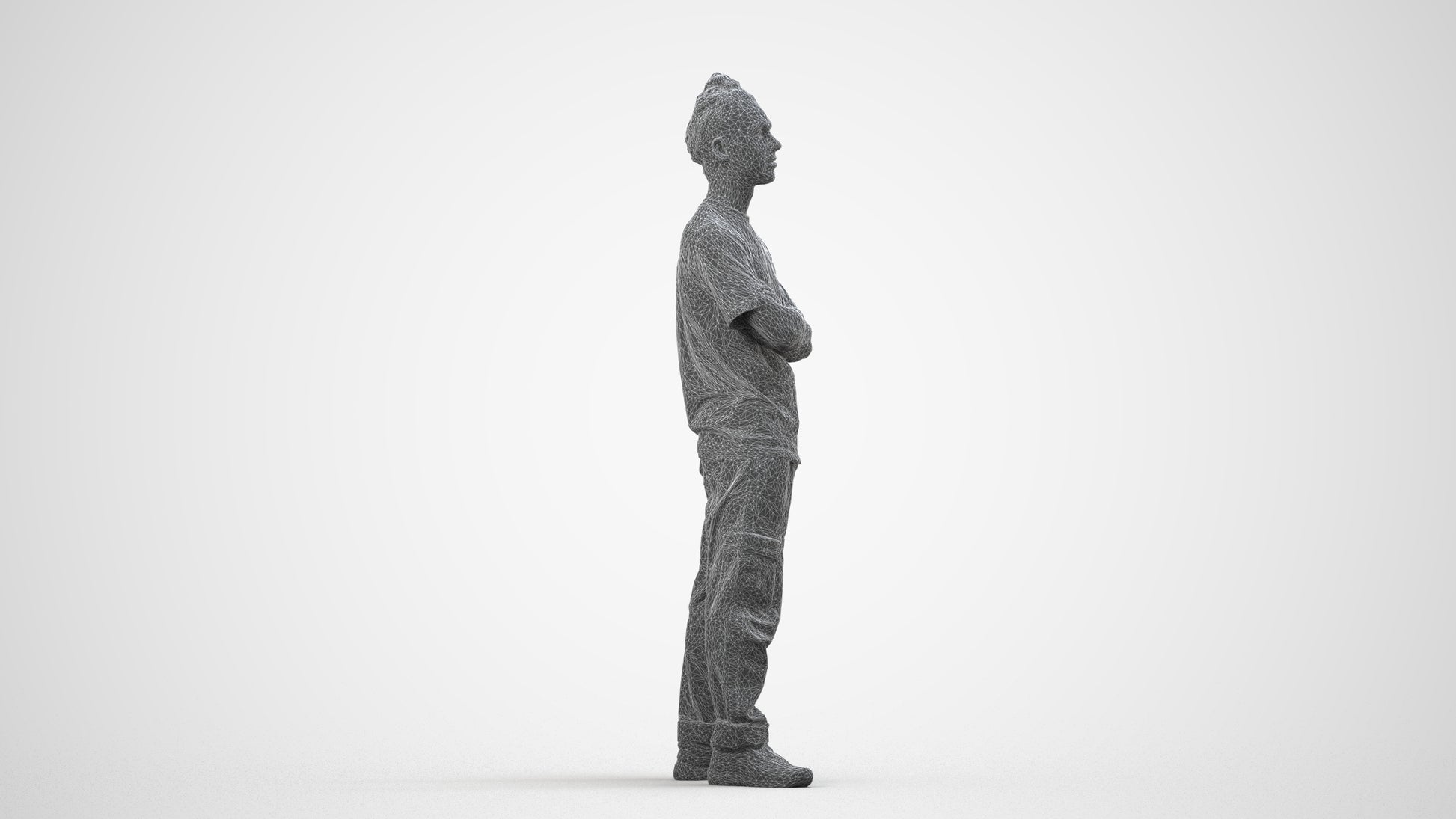 realistic 3D man casual standing, scanned archviz people for Blender and 3ds Max, wireframe side view