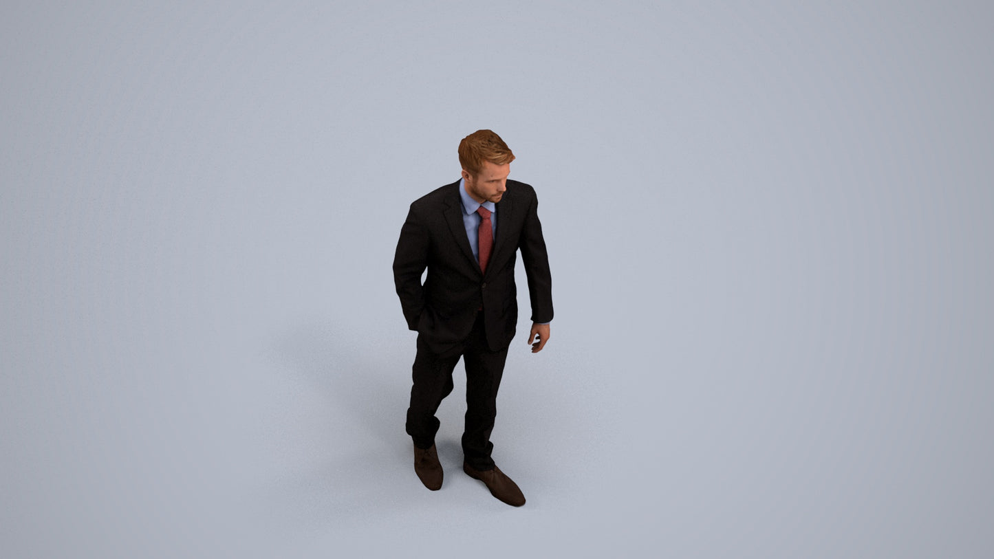 3D human model man business standing, photogrammetry scanned person for archviz, back view render