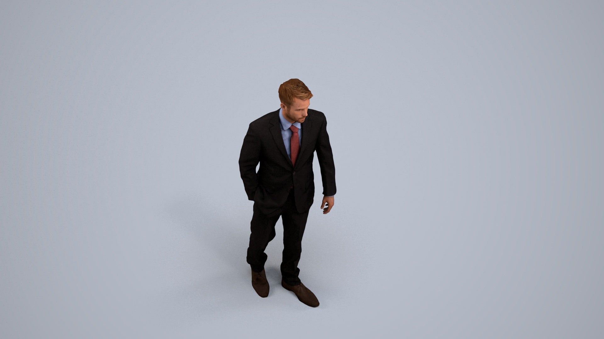 3D human model man business standing, photogrammetry scanned person for archviz, back view render