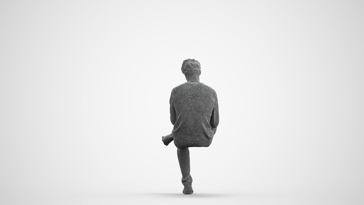 3D scanned man sitting casual, photorealistic archviz people for Enscape and SketchUp, wireframe front view