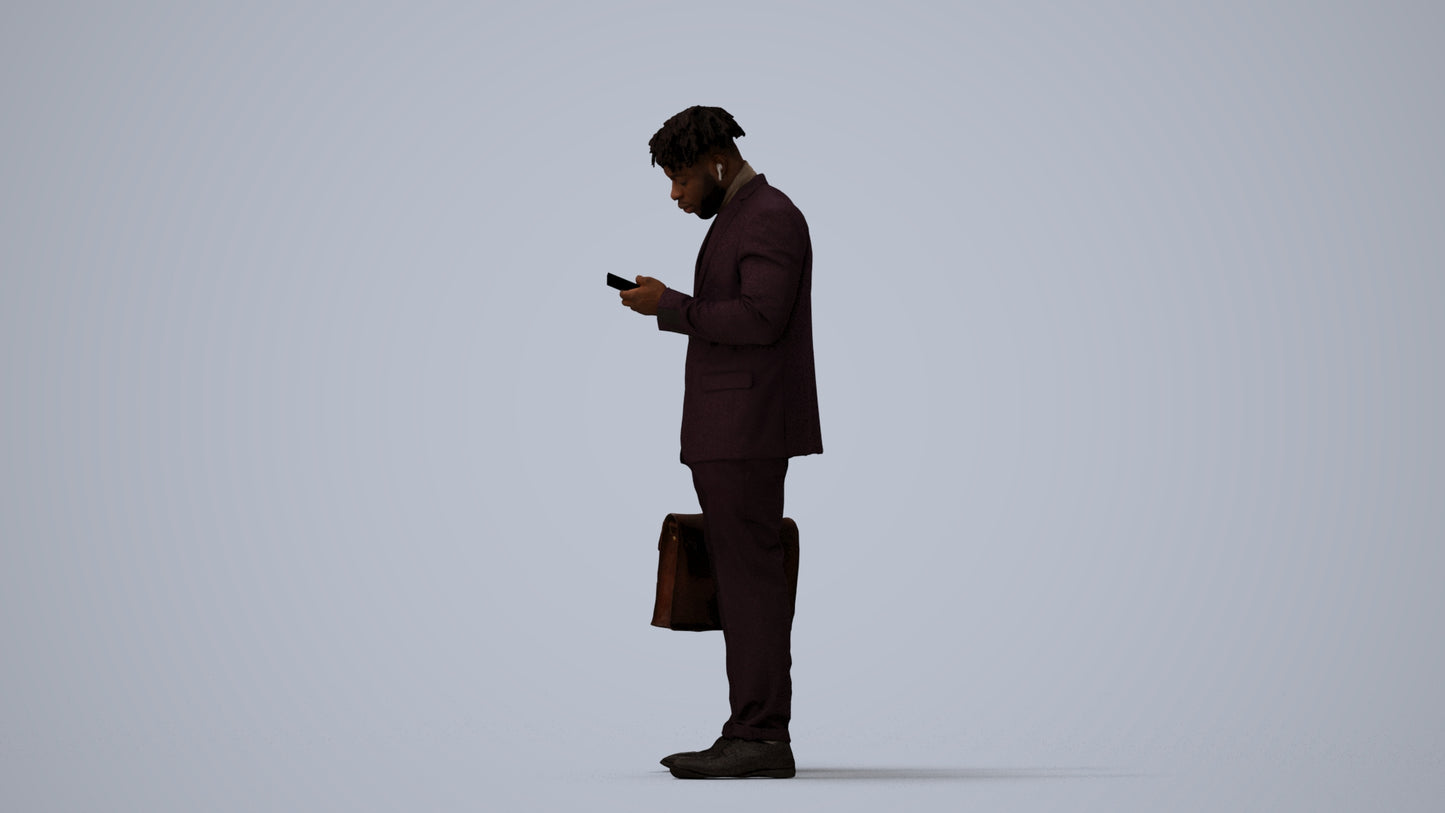 photogrammetry 3D man business standing, realistic human model archviz FBX, three-quarter view render