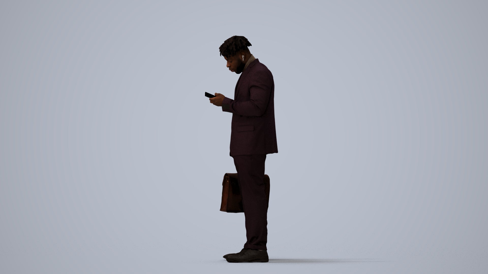 photogrammetry 3D man business standing, realistic human model archviz FBX, three-quarter view render