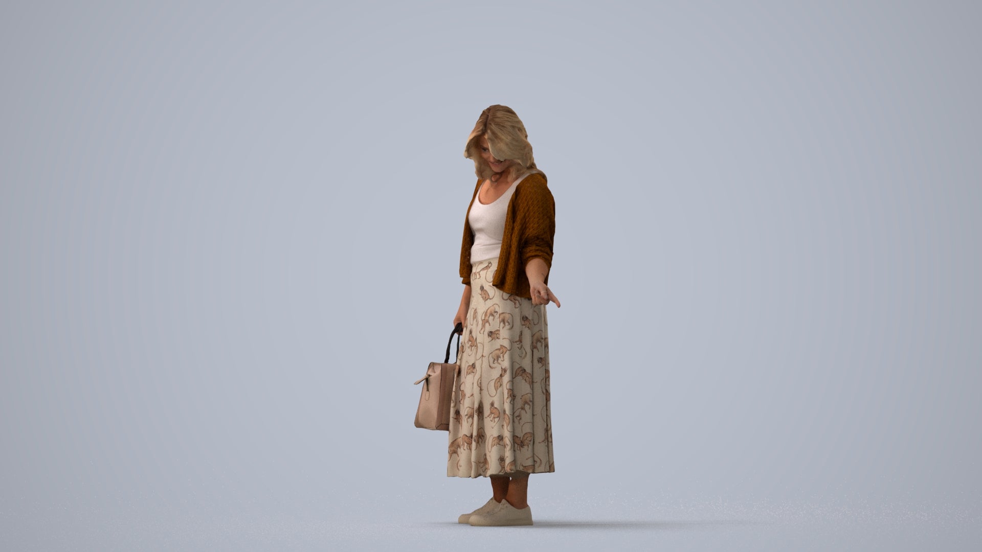 scanned 3D woman casual shopping, photogrammetry people for Enscape and V-Ray, three-quarter view render