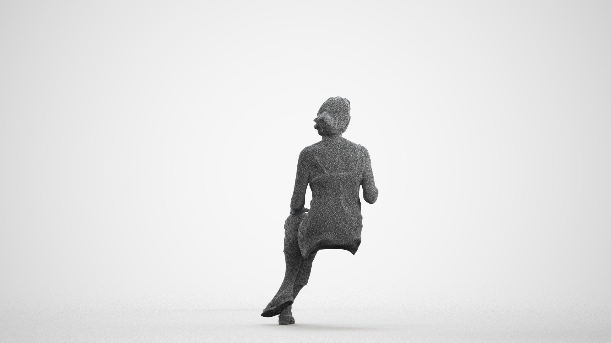 realistic 3D senior woman casual sitting, scanned archviz people for Blender and 3ds Max, wireframe front view