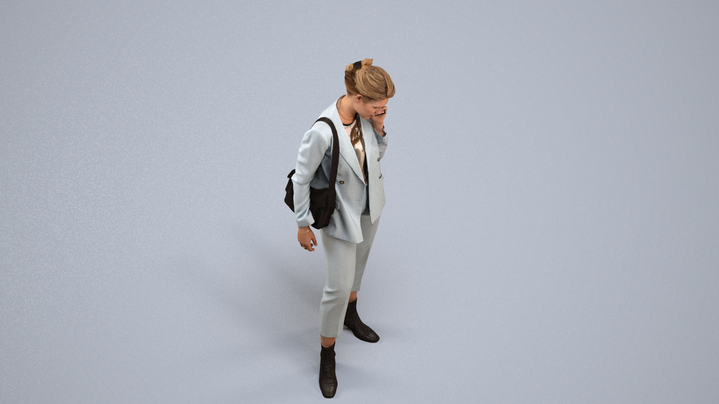 3D human model woman business standing, photogrammetry scanned person for archviz, back view render