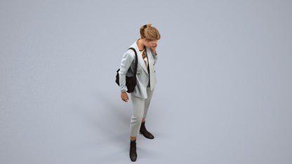 3D human model woman business standing, photogrammetry scanned person for archviz, back view render