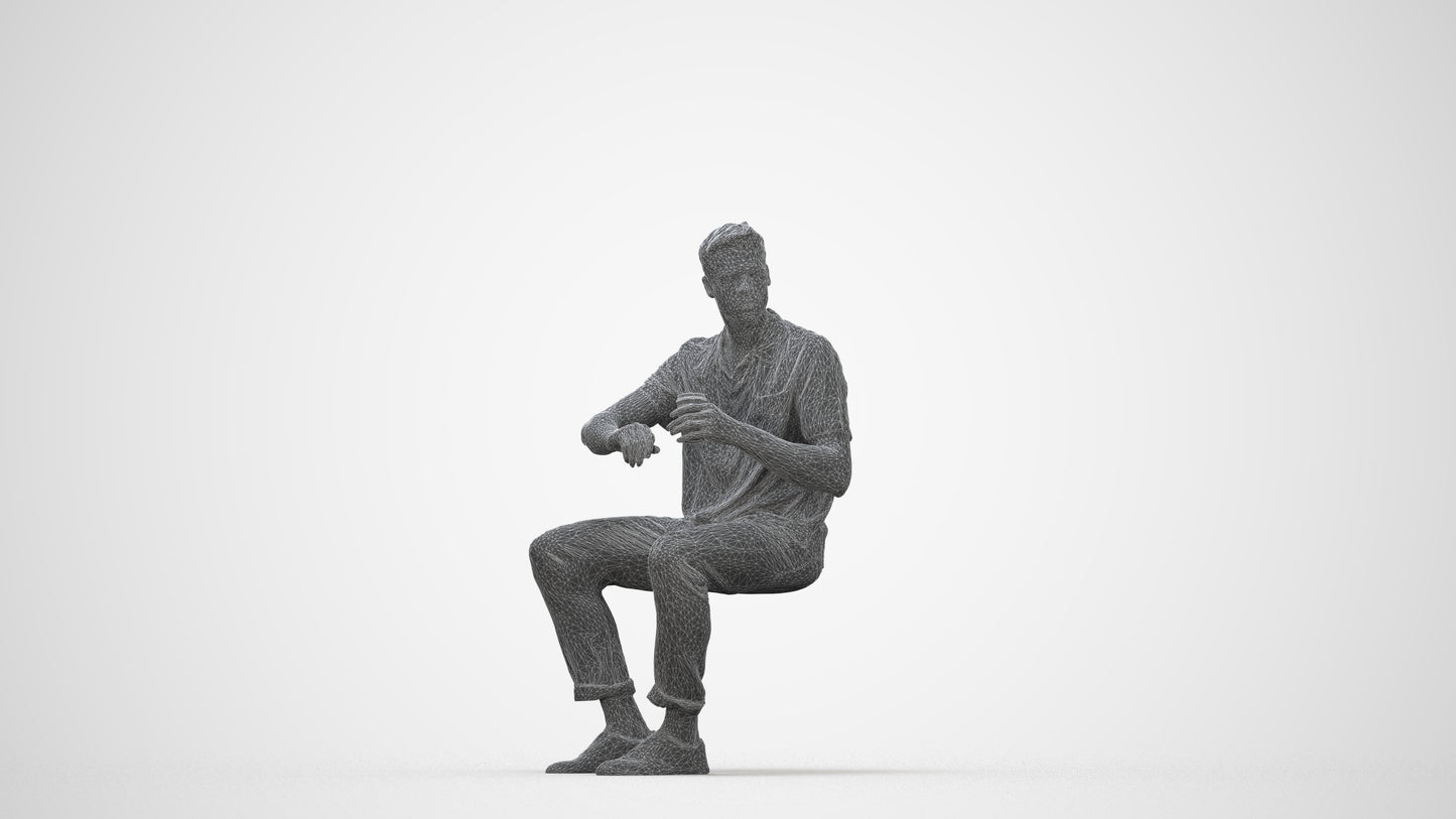 3D people model man casual sitting, scanned human for 3ds Max rendering, wireframe back view