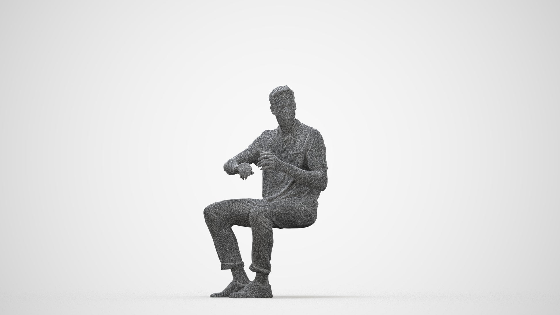 3D people model man casual sitting, scanned human for 3ds Max rendering, wireframe back view
