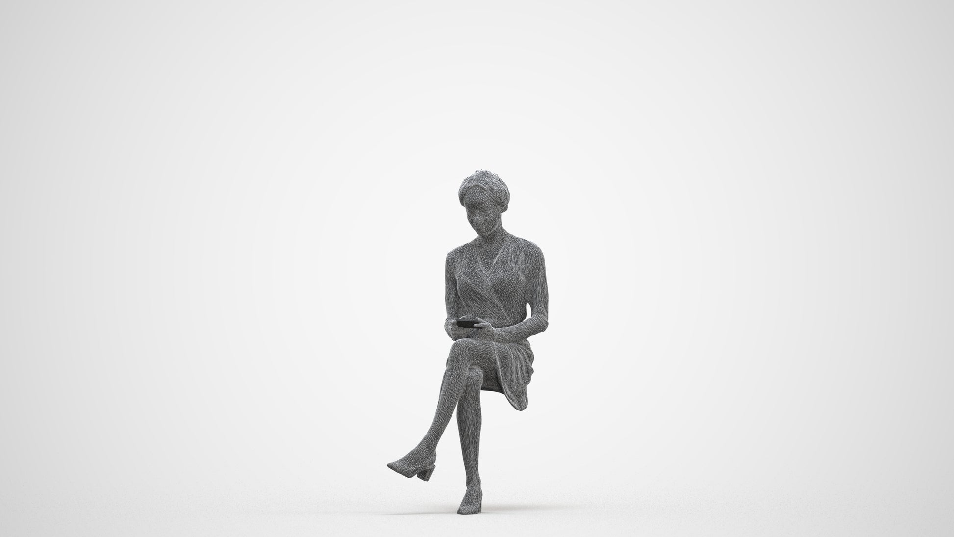 realistic 3D woman casual sitting, scanned archviz people for Blender and 3ds Max, three-quarter front view render