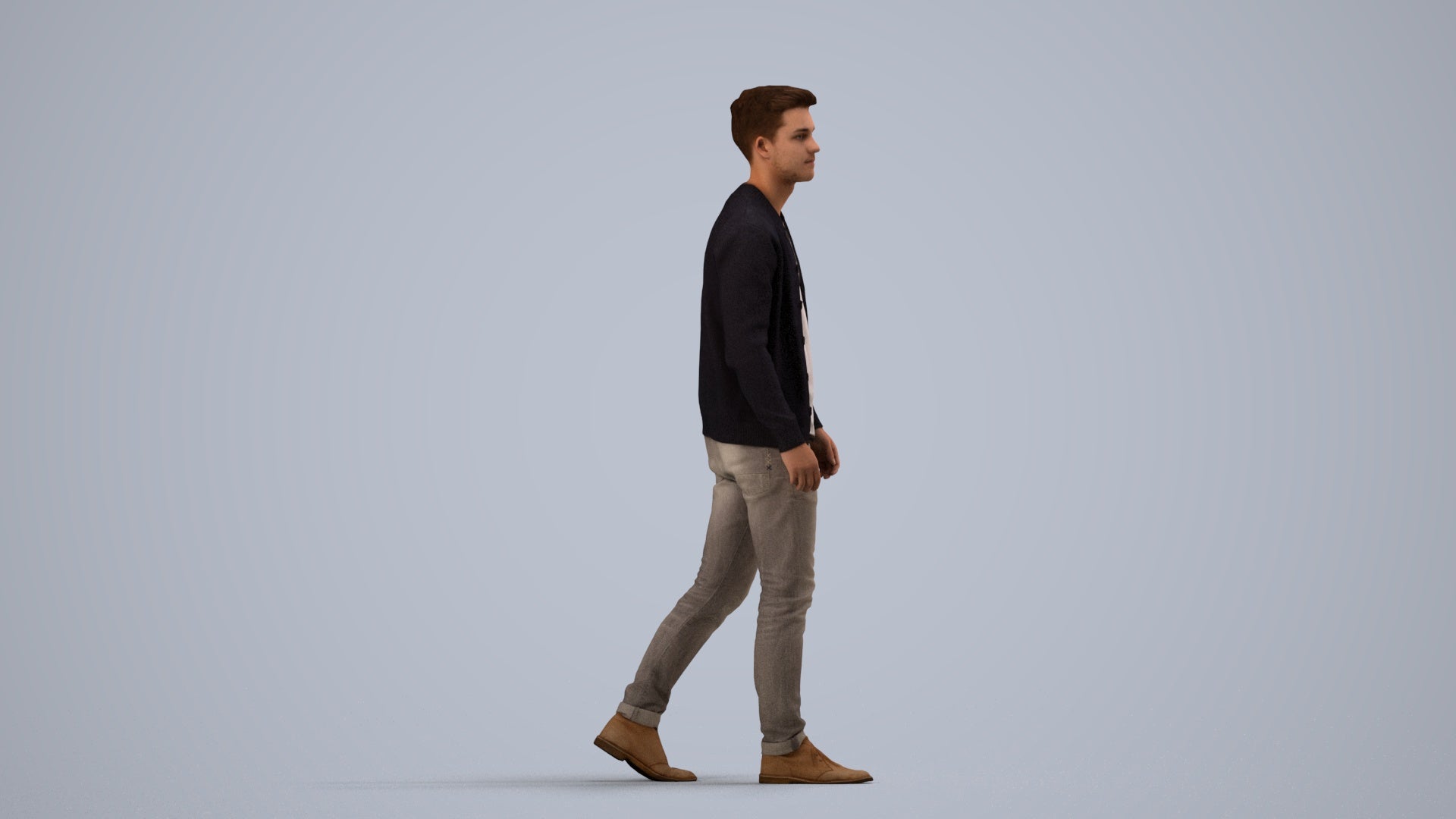 realistic 3D human man casual walking, archviz people FBX OBJ for Blender, side view render