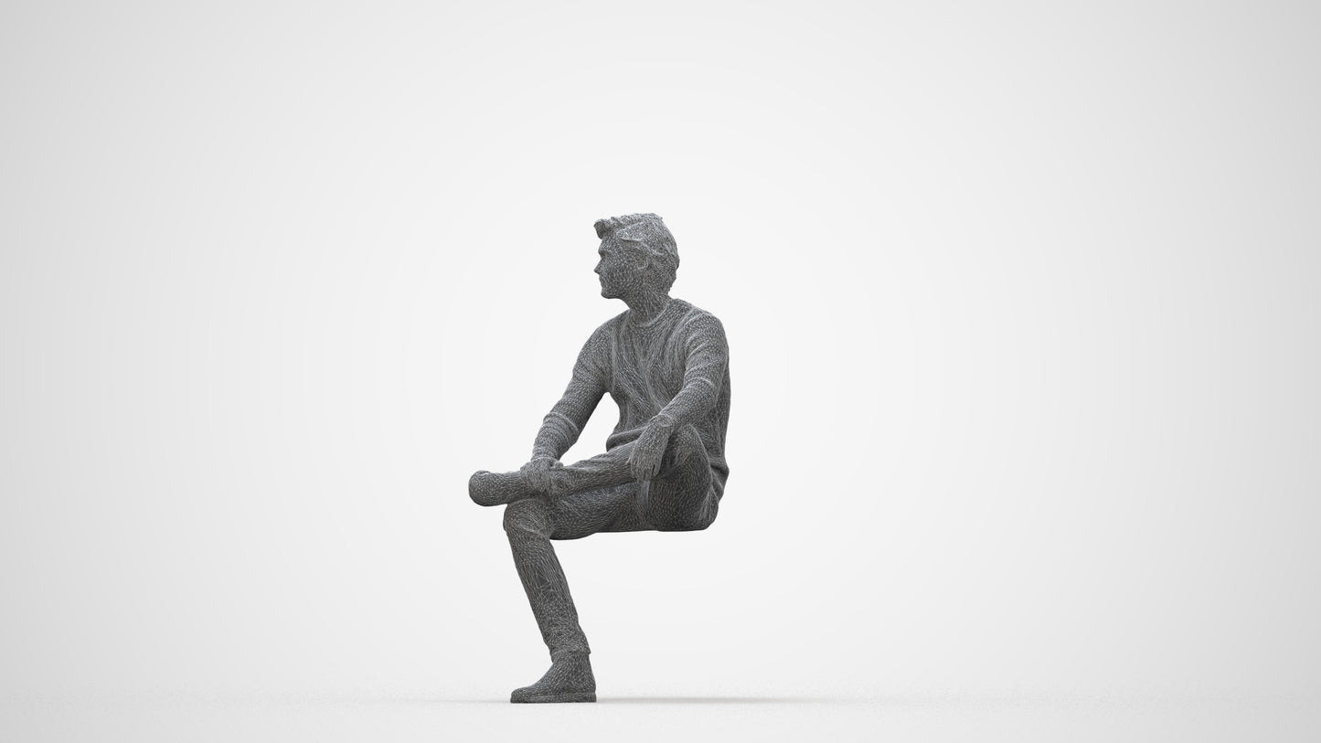 3D people model man casual sitting, scanned human for 3ds Max rendering, wireframe back view
