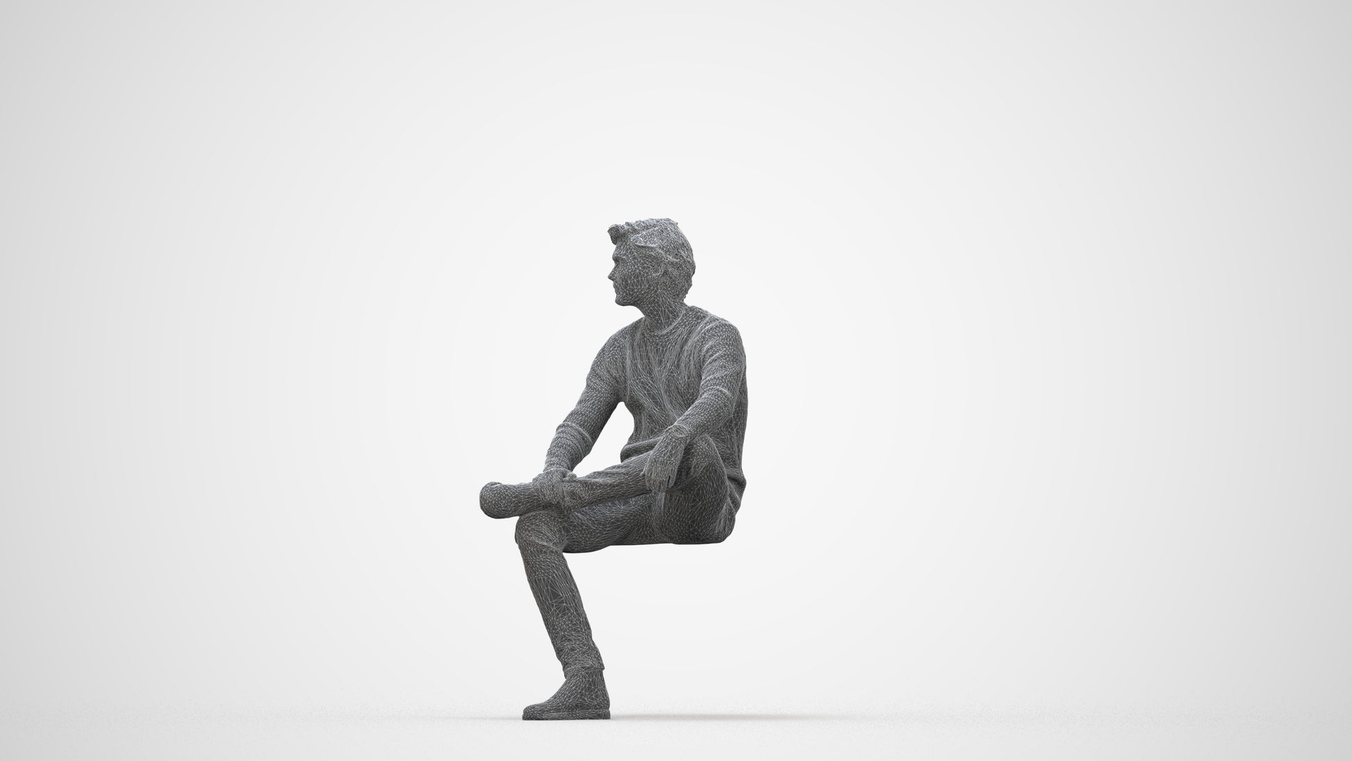 3D people model man casual sitting, scanned human for 3ds Max rendering, wireframe back view