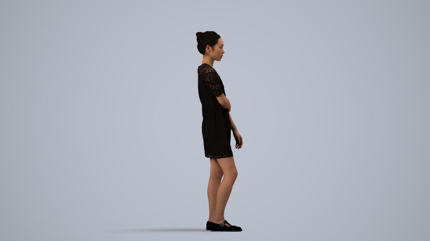 realistic 3D human woman business standing, archviz people FBX OBJ for Blender, side view render