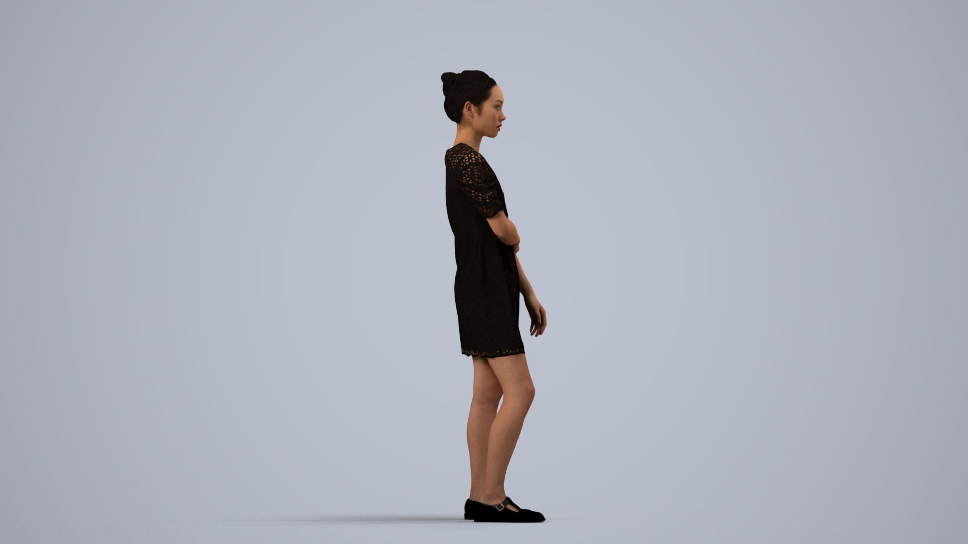 realistic 3D human woman business standing, archviz people FBX OBJ for Blender, side view render