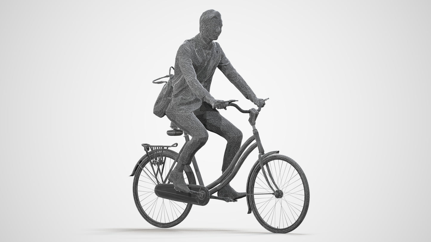 photogrammetry 3D man business cycling, realistic human model archviz FBX, wireframe side view