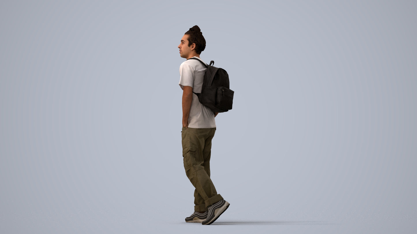 3D human model man casual walking, photogrammetry scanned person for archviz, three-quarter view render