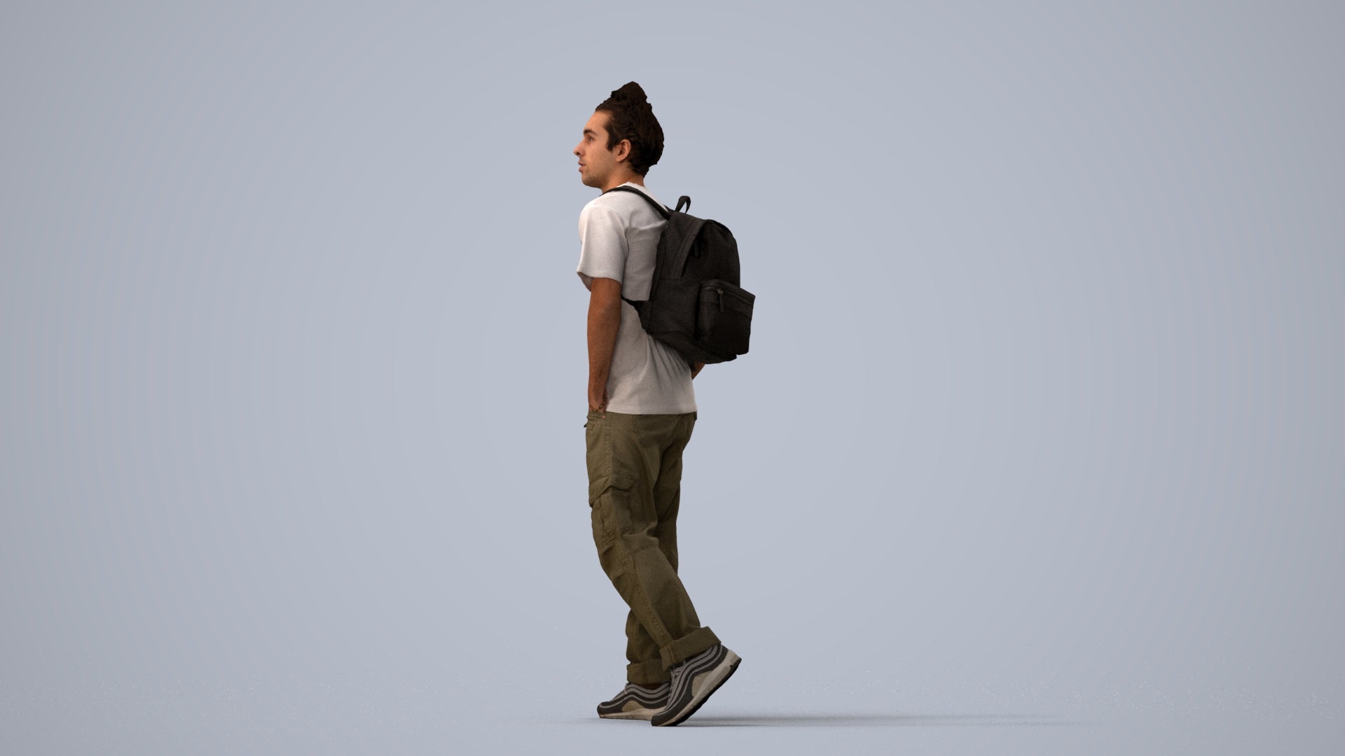 3D human model man casual walking, photogrammetry scanned person for archviz, three-quarter view render
