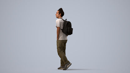 3D human model man casual walking, photogrammetry scanned person for archviz, three-quarter view render