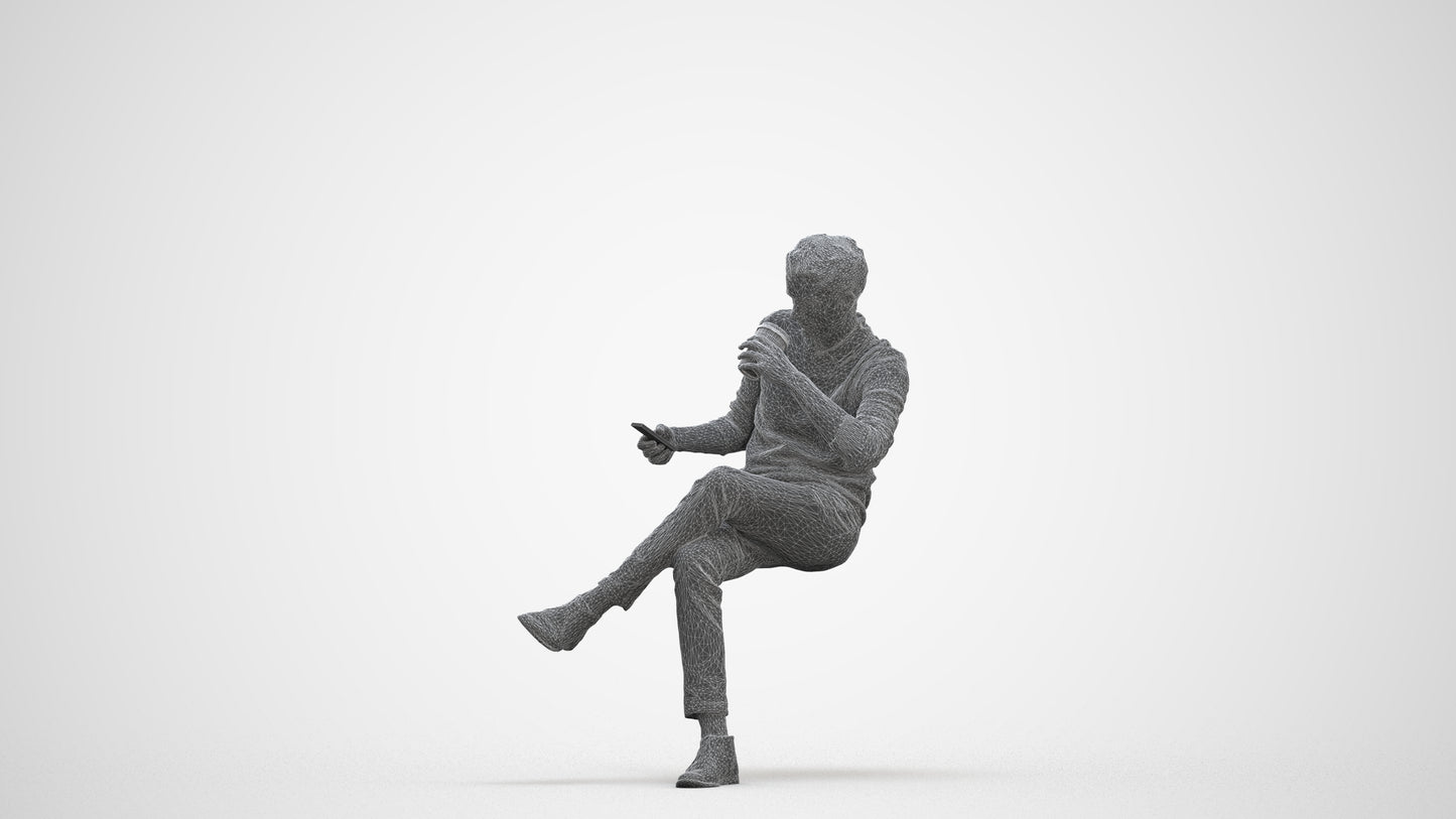 photogrammetry 3D man casual sitting, realistic human model archviz FBX, three-quarter front view render
