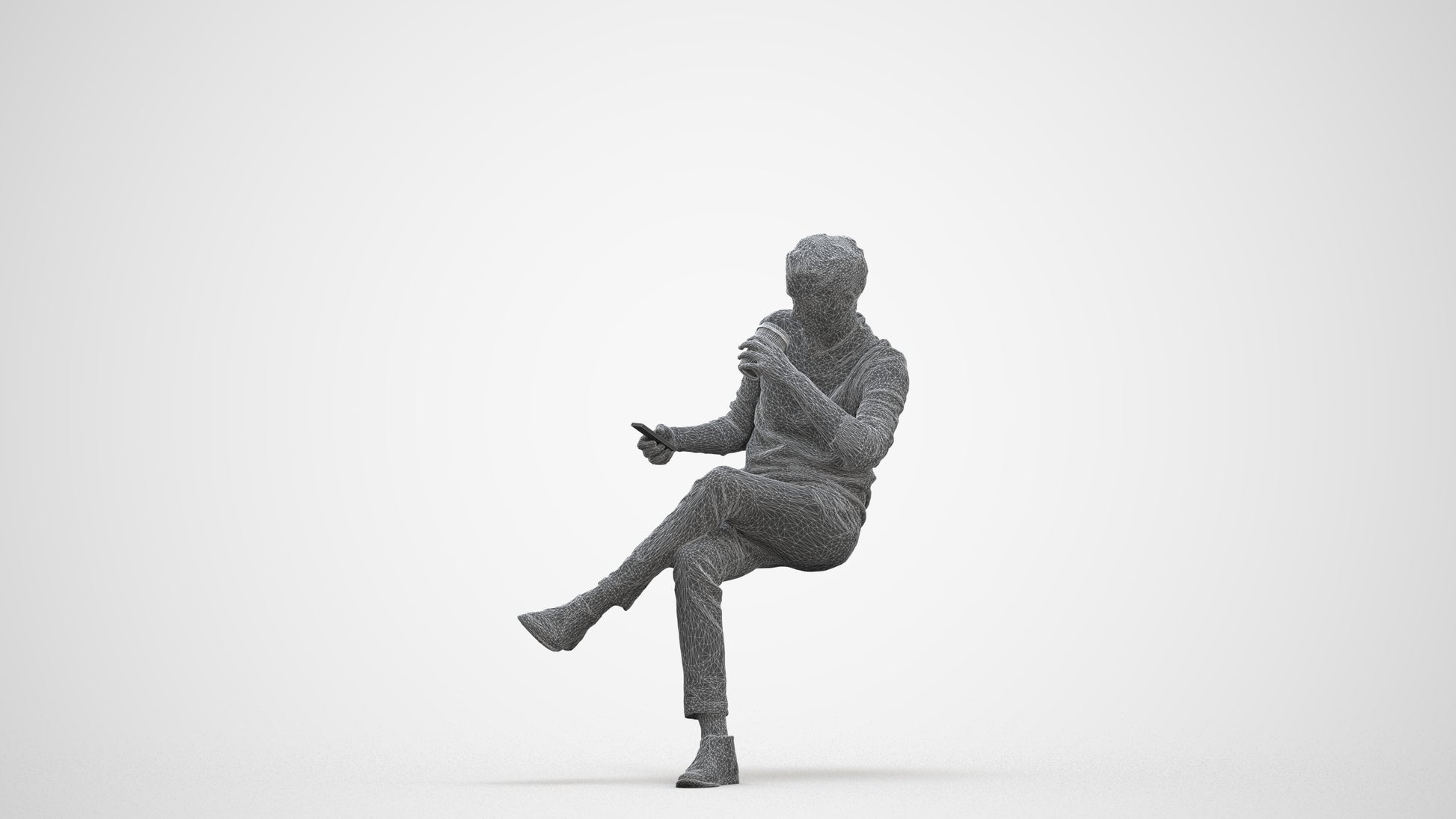 photogrammetry 3D man casual sitting, realistic human model archviz FBX, three-quarter front view render