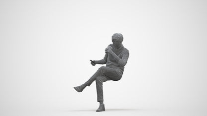 photogrammetry 3D man casual sitting, realistic human model archviz FBX, three-quarter front view render