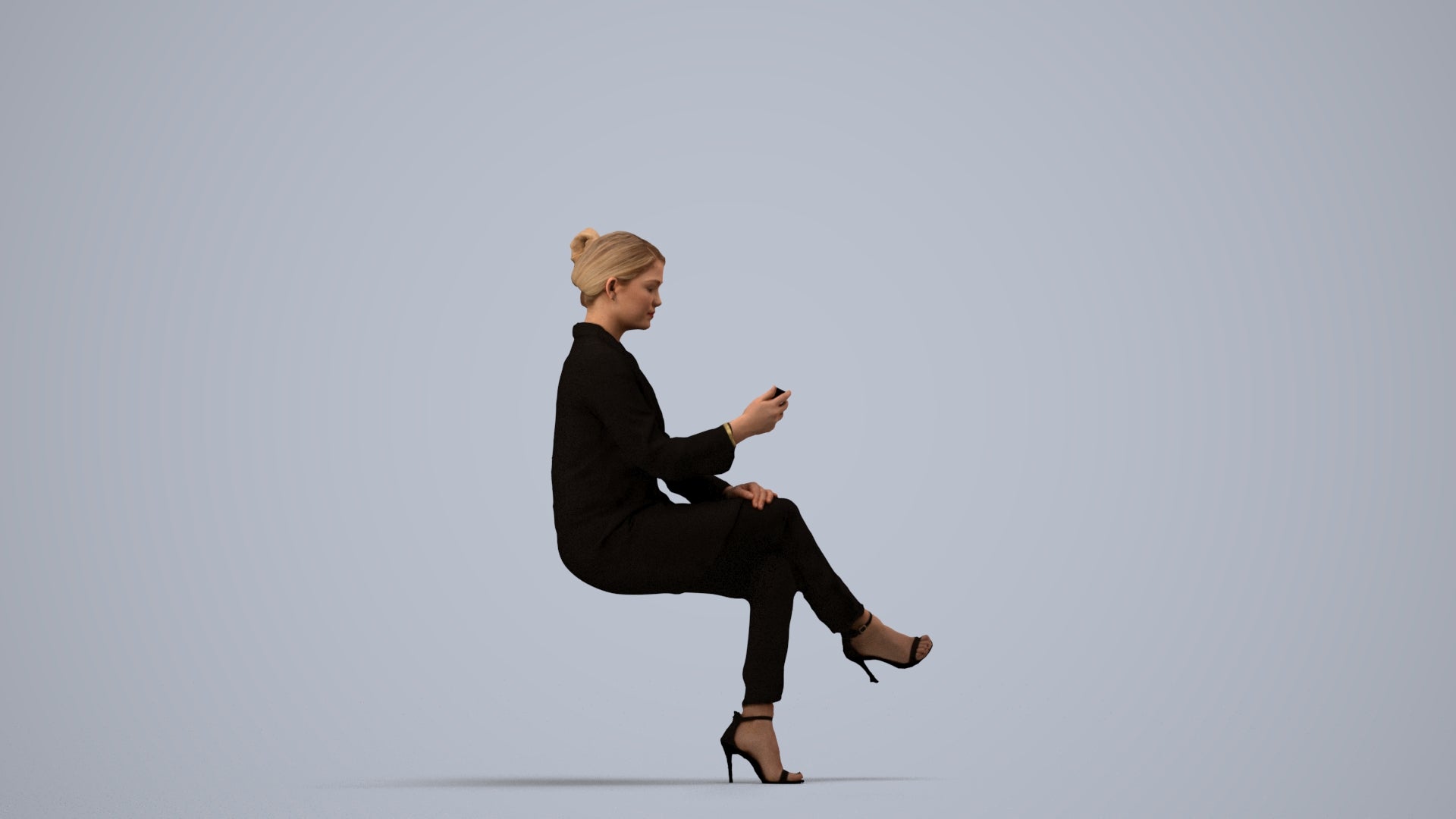 3D human model woman business sitting, photogrammetry scanned person for archviz, side view render