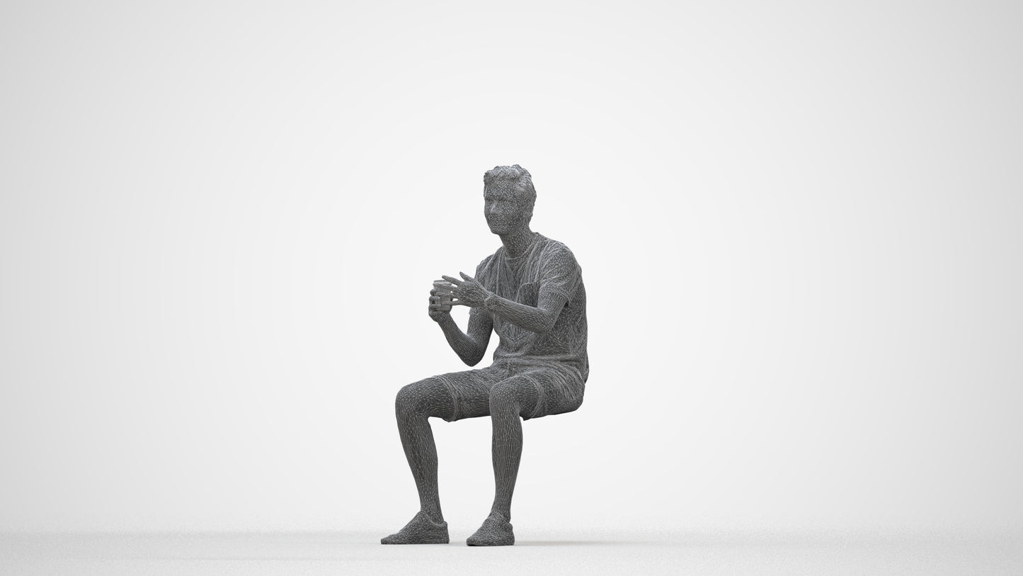 realistic 3D man casual sitting, scanned archviz people for Blender and 3ds Max, wireframe back view