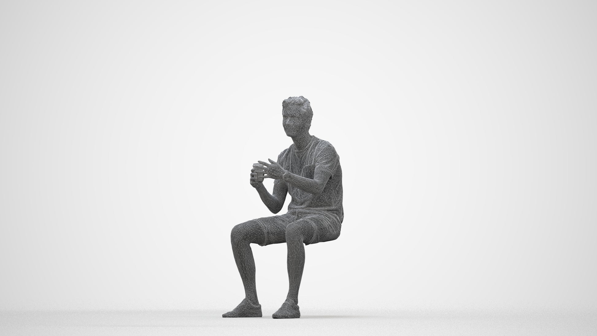 realistic 3D man casual sitting, scanned archviz people for Blender and 3ds Max, wireframe back view