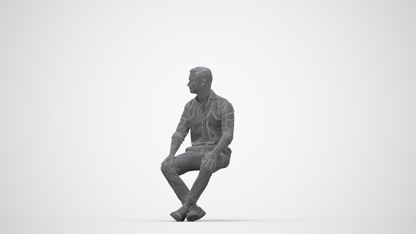 scanned 3D man casual sitting, photogrammetry people for Enscape and V-Ray, wireframe back view