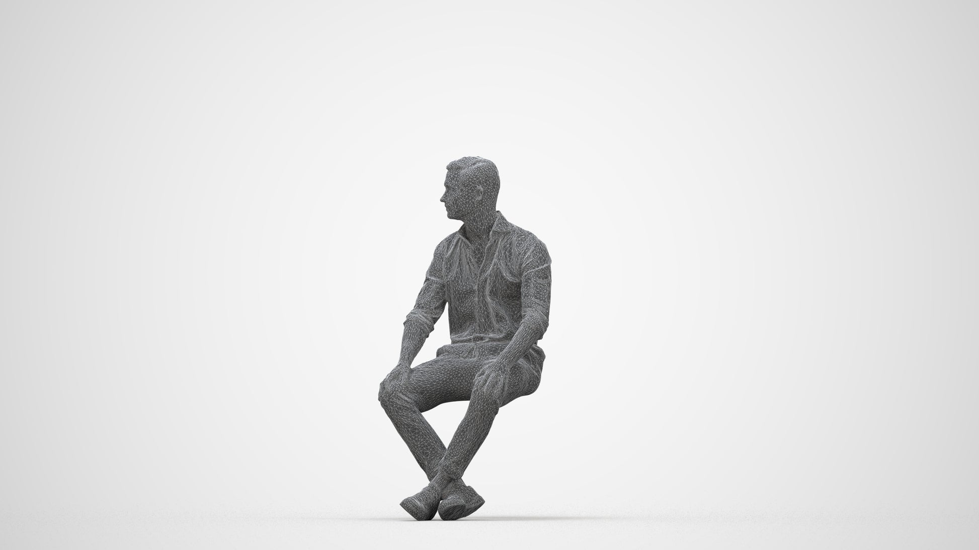 scanned 3D man casual sitting, photogrammetry people for Enscape and V-Ray, wireframe back view