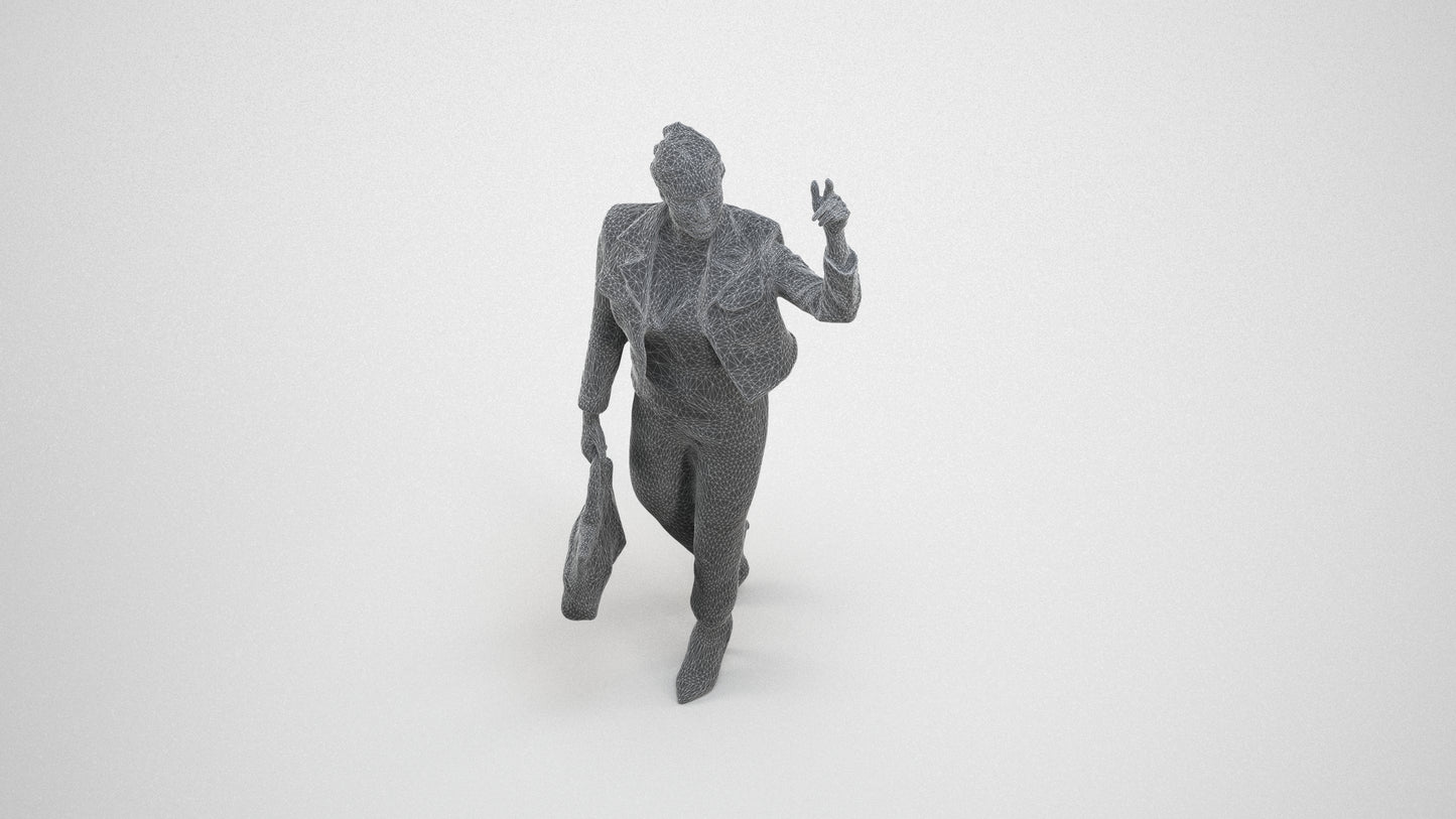 photogrammetry 3D woman business walking, realistic human model archviz FBX, wireframe three-quarter view