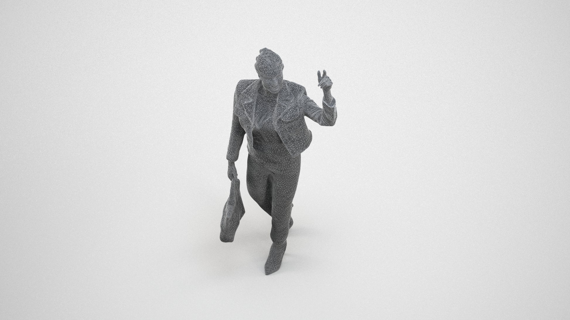 photogrammetry 3D woman business walking, realistic human model archviz FBX, wireframe three-quarter view