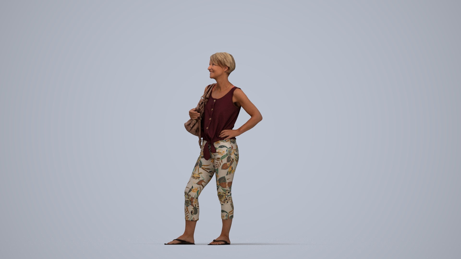 3D people model senior woman standing, scanned human for 3ds Max rendering, top-down view render