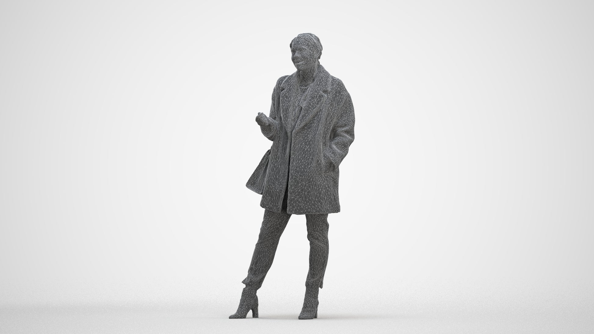 3D human model woman business standing, photogrammetry scanned person for archviz, three-quarter front view render